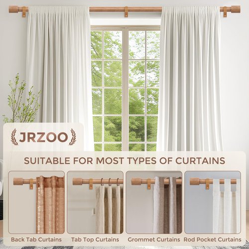 JRZOO Wood Curtain Rods, 1'' Decorative Adjustable Rustic Farmhouse Drapery Rod, Heavy Duty Boho Curtain Pole for Windows 28 to 48 Inch with Imitation Wooden Grain Finials, (Light Wood/Unique Design)