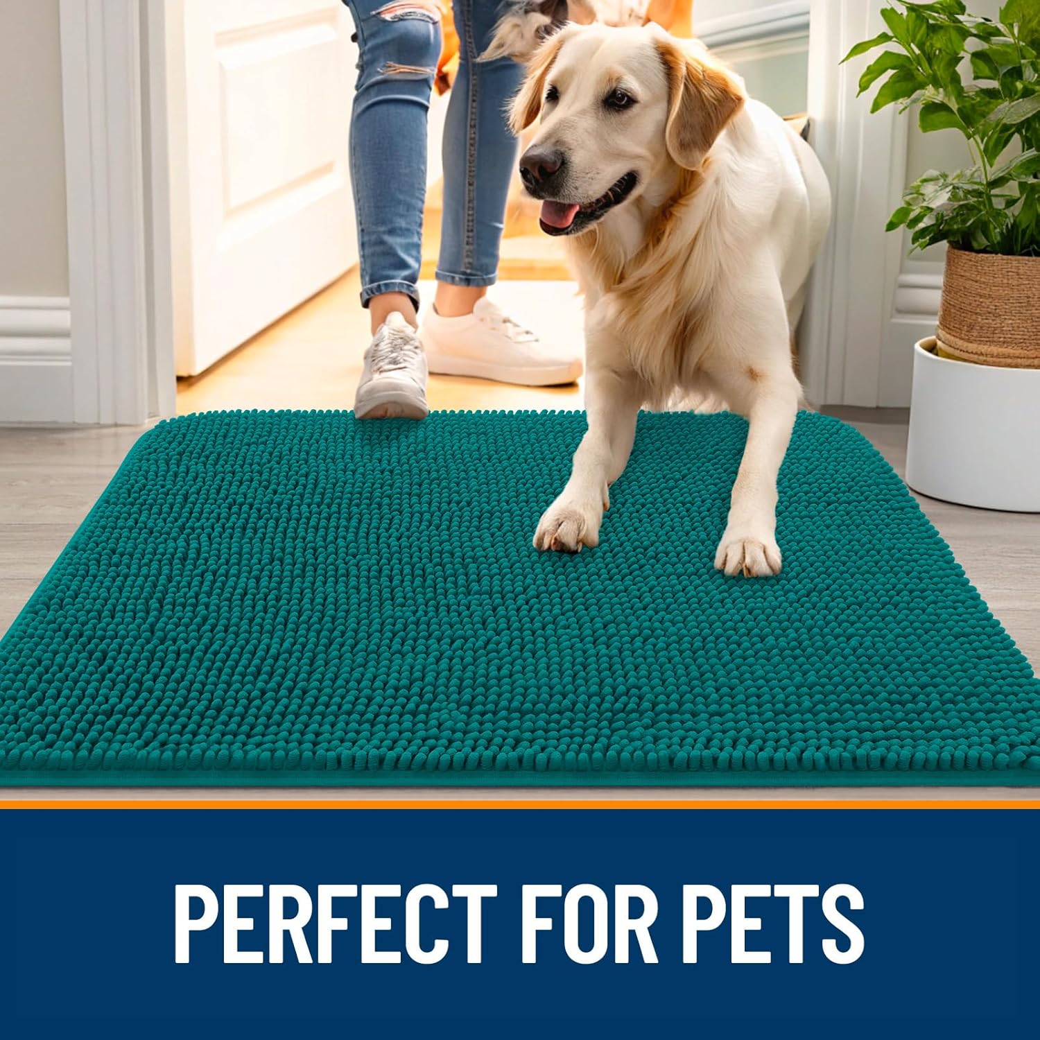 OLANLY Dog Door Mat - Absorbent Non-Slip Chenille Mat for Muddy Paws | 40x24 Inches, Lake Blue