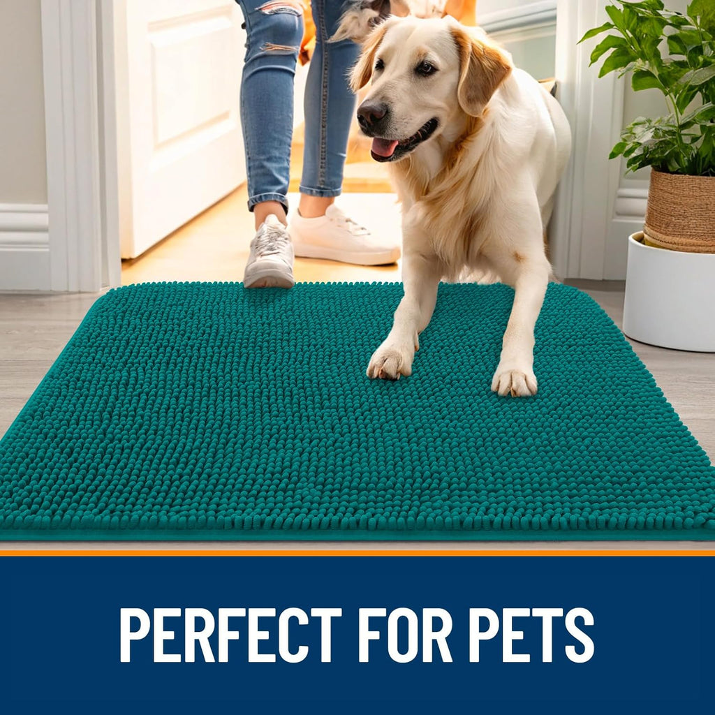 OLANLY Dog Door Mat - Absorbent Non-Slip Chenille Mat for Muddy Paws | Quick Dry 59x35, Lake Blue