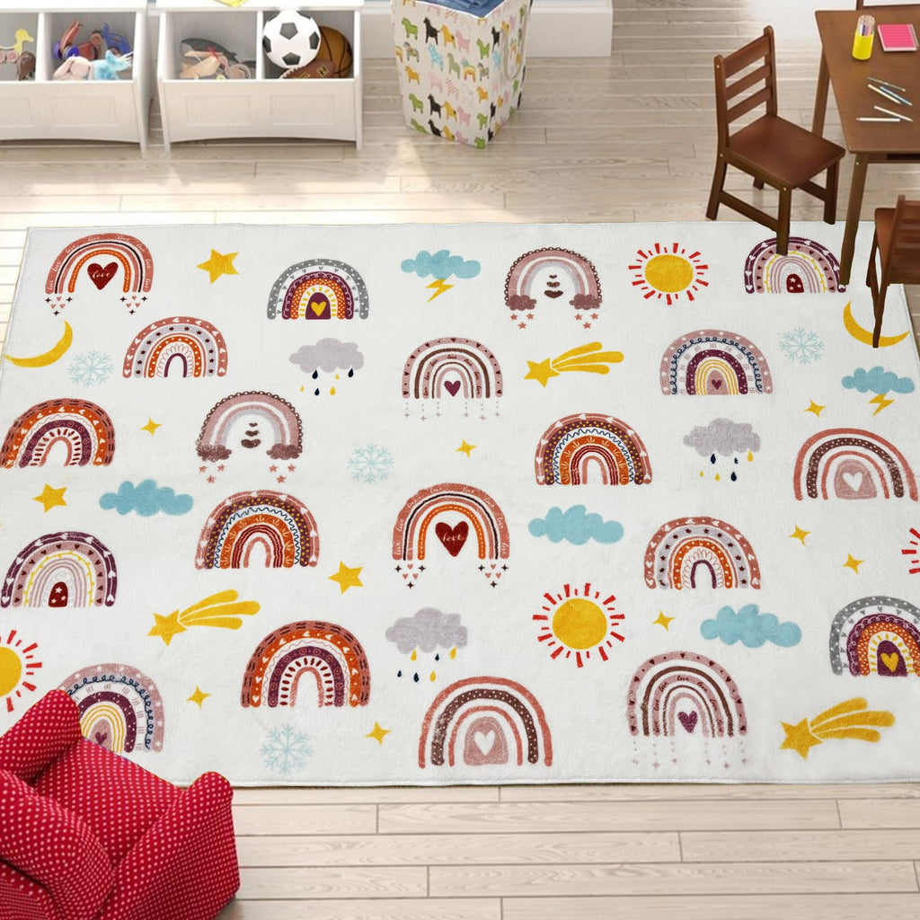 Mishareal Boho Rainbow Soft Kids Play Rug, Washable Foldable Baby Crawling Floor Mat, Non Slip Nursery Area Rug for Children Living Room Playroom Classroom Bathroom Bedroom Kids Room Decor