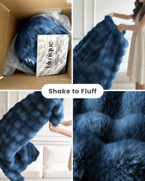 blunique Ultra Soft Cozy Faux Fur Throw Blanket, Fuzzy Plush Thick Bubble Blanket, Oversize Luxury Fluffy Blanket for Couch, Sofa, Bedroom, and Living Room,50x60 Inches,Blue