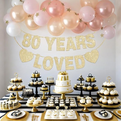 80 Years Loved Banner - Gold Glitter 80th Birthday Decorations for Men & Women