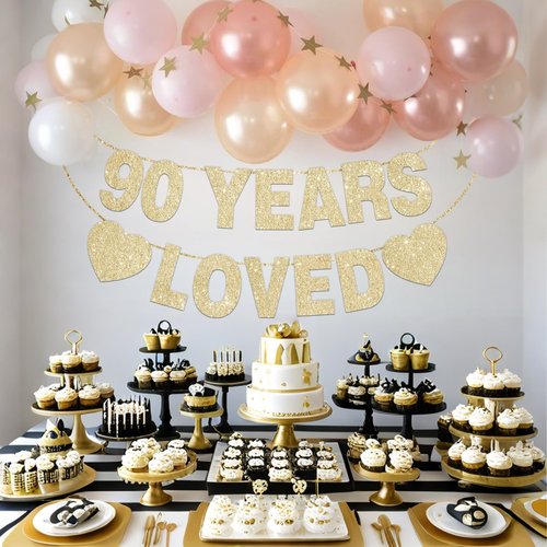 90 Years Loved Banner for 90th Birthday Decorations for Men Women Pre-Strung 90th Birthday Banner 90th Party Decorations Gold Glitter