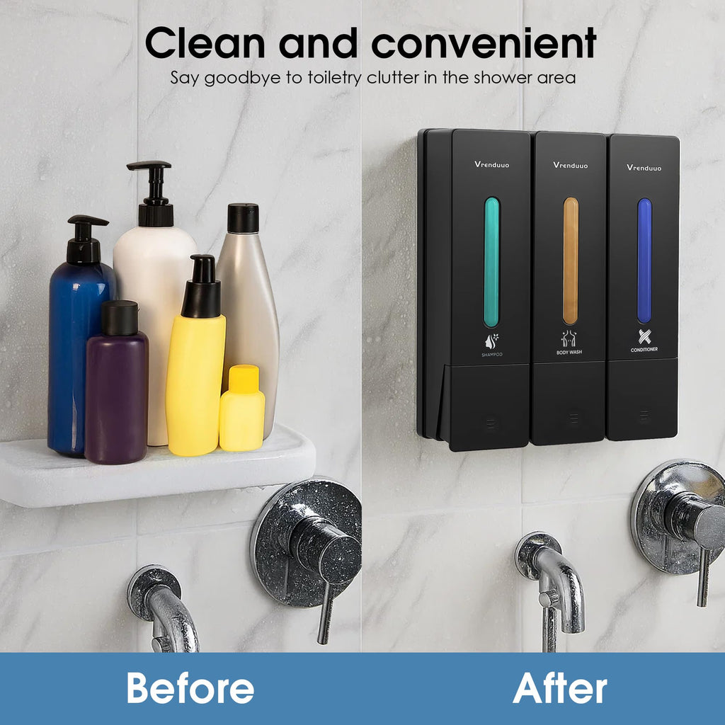 VrEnduuo Shampoo and Conditioner Dispenser,Shower Dispenser 3 Chamber No Drill,Shower Soap Dispenser Wall Mounted for Bathroom Hotel with Upgrade Pump Head,3 * 400ml(Black 3 Chamber)