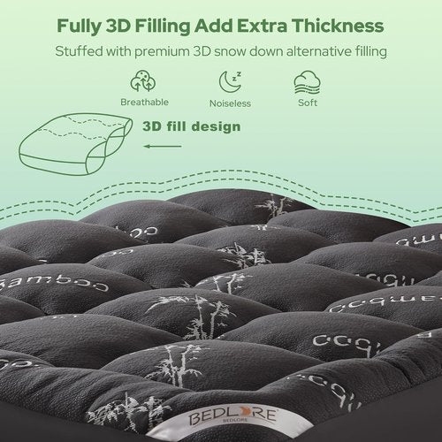BEDLORE Queen Mattress Topper - Soft Bamboo Viscose Pillow Top for Back Pain Relief | Fits 6-18 Inch Mattresses - Dark Gray