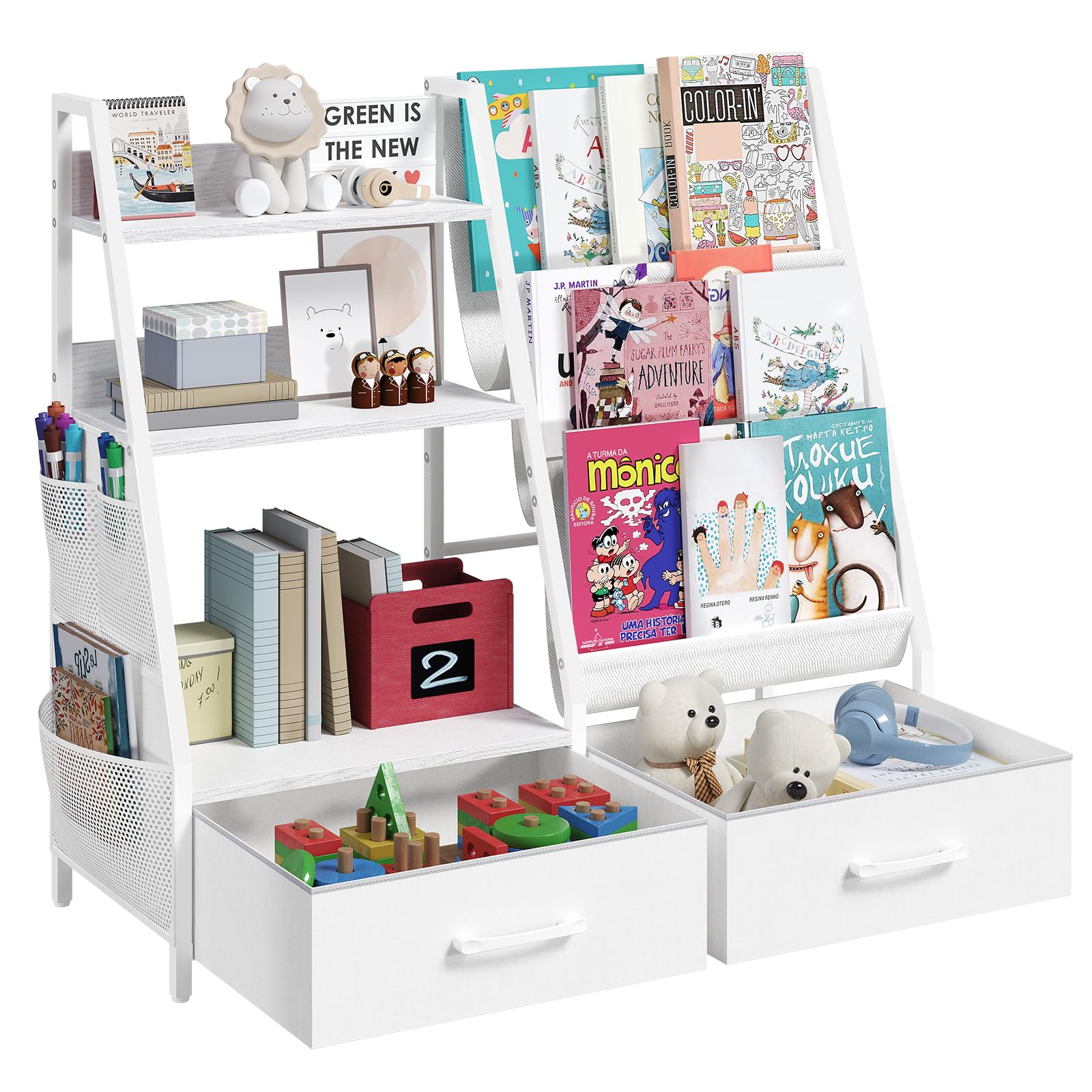 MAHANCRIS Kids Bookshelf and Toy Storage,3-Tier Sling Bookcase for Kids,Sturdy Toddler Bookshelf for Nursery,Playroom, Bedroom,White KBWT8401