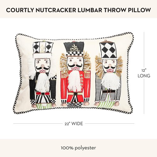 MACKENZIE-CHILDS Lumbar Throw Pillow, Decorative Polyester Pillow for Christmas Decor, 12x22, Black-and-White Courtly Nutcracker