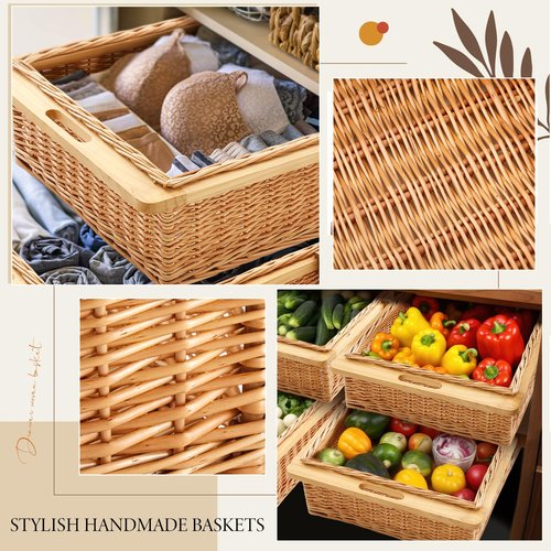 Memorywuu Rustic Wicker Pull out Cabinet Organizer Basket Drawers with Frame and Runners Slide 20" W x 20" l x 8" H for Kitchen Shelf Pantry Storage, Easy DIY Installation