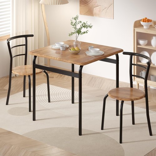 VECELO 3 Piece Dining Table & Chairs Set for 2, Metal and Wooden Square Kitchen Dinette Set for Small Space, Breakfast Nook, Saving Space, Brown