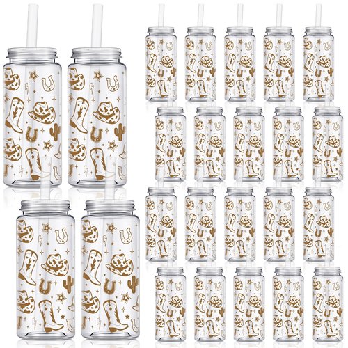 Qinyoung 24 Pcs Western Cowgirl Cowboy Plastic Tumbler 14.2 oz Cowgirl Party Favors Reusable Cups with Lids and Straws Decoration Iced Coffee Cup My First Rodeo Decorations(Classic Style,Brown)