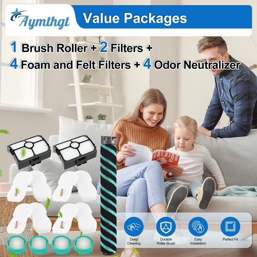Aymthgt HZ4002 Replacement Filter Kit For Shark Power Detect Ultra-Light Corded Stick Vacuum HZ4002 HZ4000,1 Roller Brush, 2 Pack Hepa Filters+ 4 Pack Foam & Felt Filters + 4 Aroma