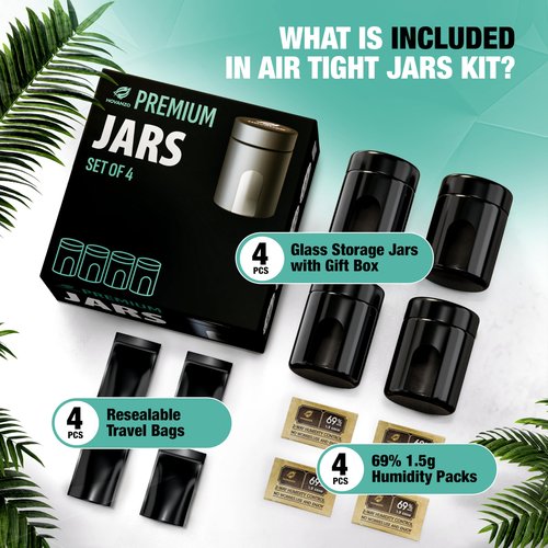 Premium Airtight Glass Storage Jars 120ml with 69% Humidity Control 4 Packs - UV Air Tight Jars with Child-Resistant Lid - Airtight Jar Container, Air Tight Storage,Storage Jars for Herb/Spice