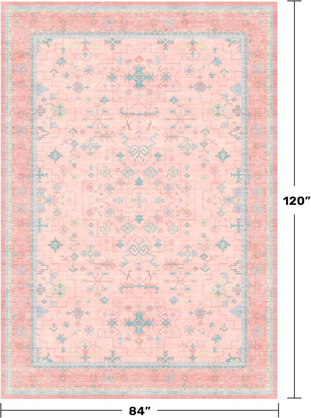 Oushak Rugs | Washable Pink & Blue 7x10 Area Rug - Modern Floral Design, Soft Non-Slip Carpet