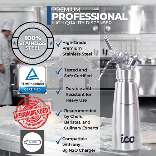ICO 0.5 L (1 Pint) Professional Stainless Steel Whipped Cream Dispenser for Homemade Whipping Cream, Whipped Cream Dispenser for Desserts, Dips, Sauces, and Infused Oils & Liquors