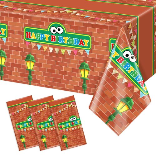 Tewess 3 Pieces Red Brick Wall Street Disposable Tablecloths Cartoon Street Happy Birthday Waterproof 54x108IN Table Covers for Kids Boys Birthday Party Decorations