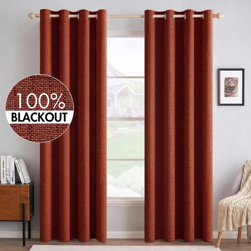 MIULEE Blackout Linen Curtains - 100% Thermal Insulated Burnt Orange Drapes | 52 x 72 Inch (2 Panels)