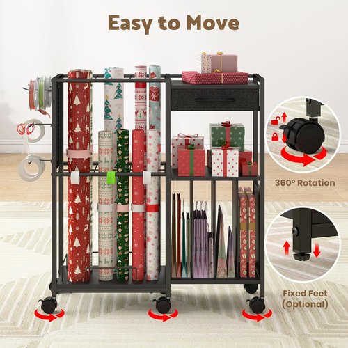 Kikihouse Gift Wrap Organizer Cart - Rolling Storage Station with 12PCS Slap Bands & Hooks | Black