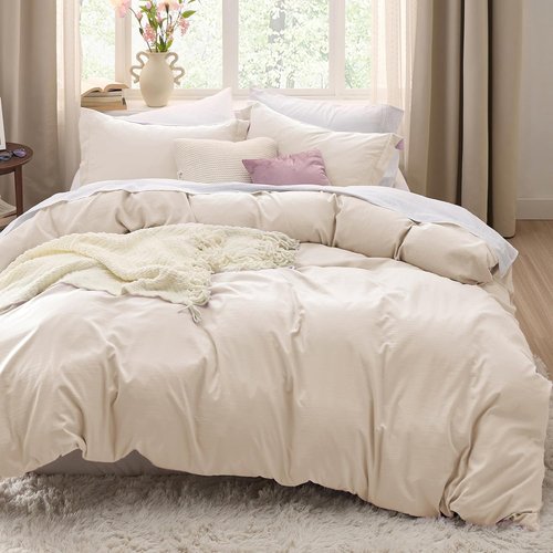 Bedsure Oat Milk California King Duvet Cover - Extra Soft Prewashed Cotton-Like Polyester Set, 104x98 Inches with Zipper Closure & 2 Pillow Shams