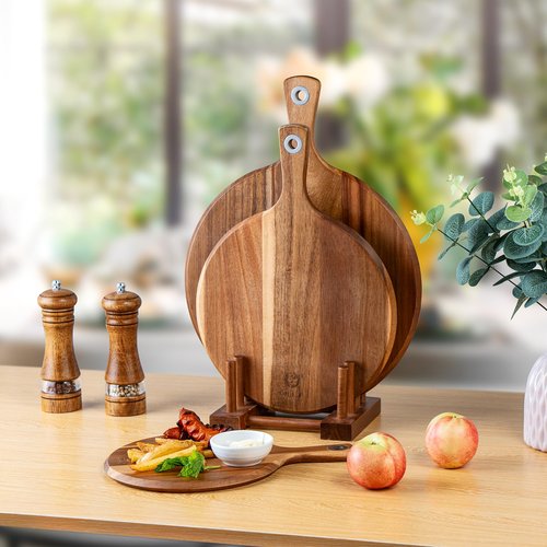 BILL.F Acacia Pizza Peel, Set of 3 Acacia Wood Cutting Board 8" 10" 12" Inch Cutting Board, Cheese Paddle Board, Bread and Crackers Platter for Serving and Minor Food Prepare with Handle and Organizer