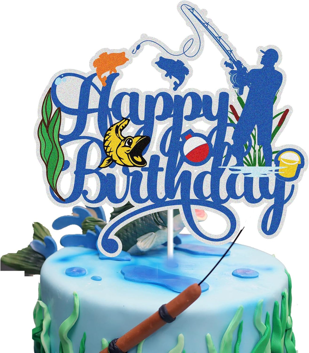 Regine Switzerland Happy Birthday Cake Topper - Blue Glitter Fisherman Design for Kids