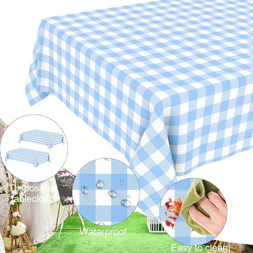 Blue Gingham Tablecloth by [Brand Name] - Disposable Plastic Checkered Table Cover | Perfect for Picnics, Weddings & Parties (54 x 108 Inch)