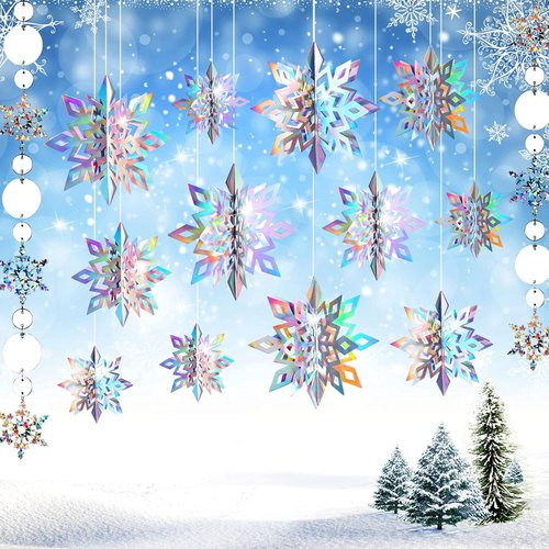 JULMELON 15Pcs Holographic Frozen 3D Hanging Snowflakes - Silver Winter Wonderland Decor