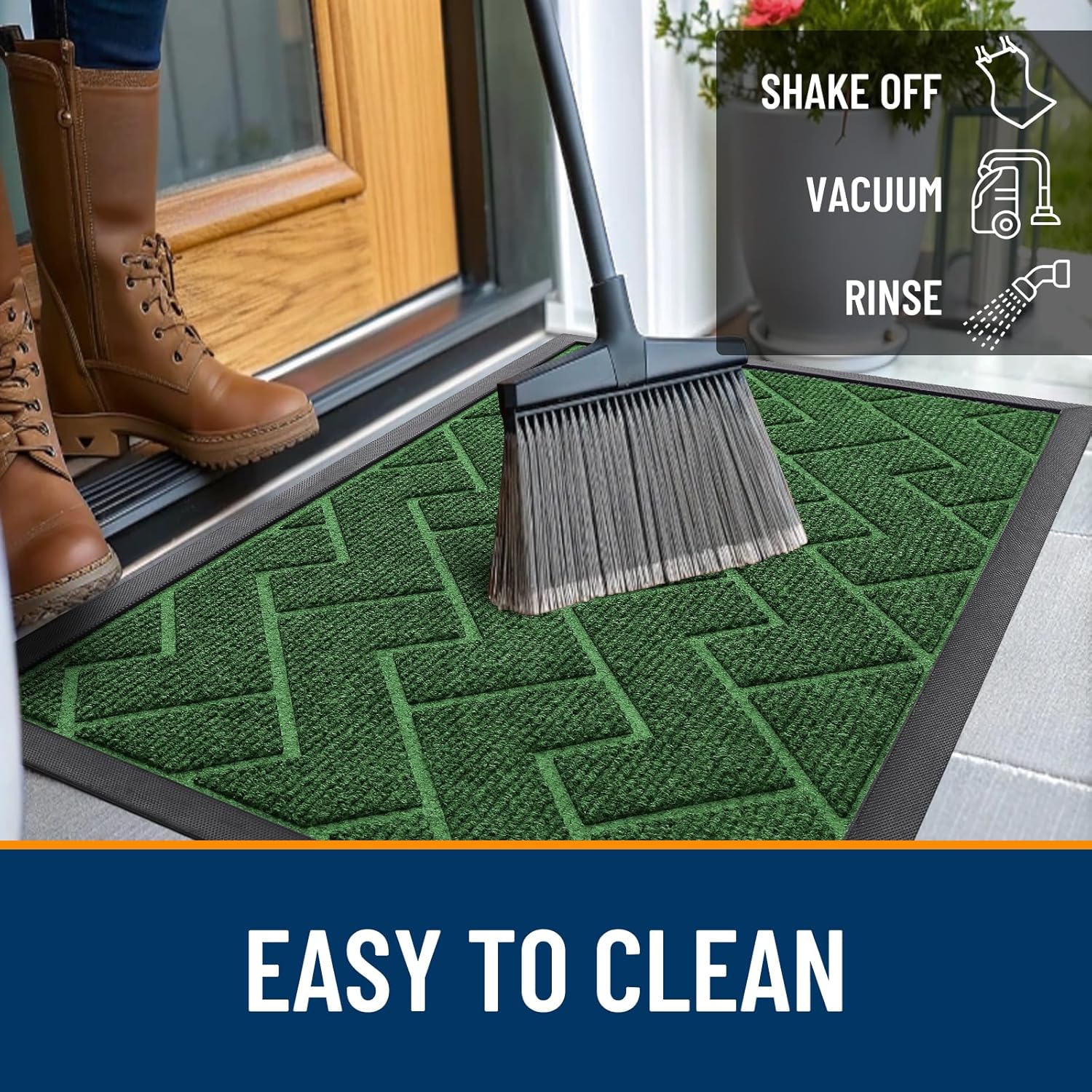 OLANLY Indoor Outdoor Front Door Mat - Waterproof All-Weather Herringbone Design | Easy Clean, 71x47 Inches, Green