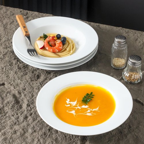 Ceramic Soup Bowls Shallow Plates, Valentine 4 Pack White Dinner Bowls Plates, Porcelain Wide Rim, 8.5 Inch (8.5 oz) Shallow Bowls Ideal for Soup Dessert Salad and Pasta, Microwave and Dishwasher Safe