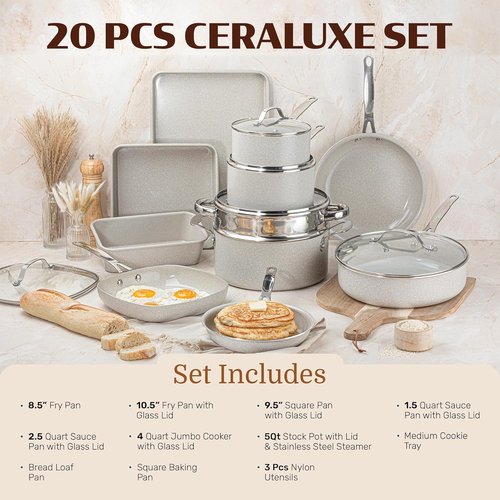 Granitestone Ceraluxe 20-Piece Nonstick Ceramic Cookware Set - Complete Kitchen Pots, Pans, & Bakeware