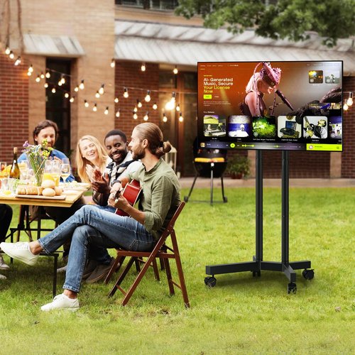 5Rcom Dual-Pole Rolling TV Stand for 32-75 inch LCD LED Flat & Curved TVs, Height Adjustable Portable TV Stand with Lockable Wheels, Mobile TV Cart up to 88lbs for Bedroom, Living Room, Outdoor