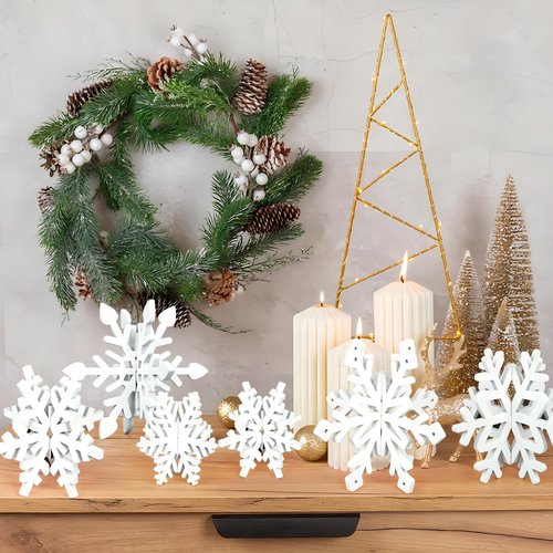 16 Pcs Christmas Snowflake Wooden Decor Winter 3D Snowflake Tabletop Sign Christmas Tiered Tray Decorations White Snowflake Wood Blocks Centerpiece for Xmas Wonderland Party Home Table Decor