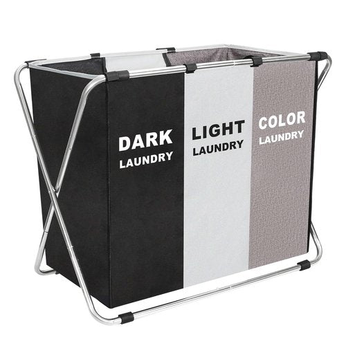 150L Laundry Cloth Hamper Sorter Basket Bin Foldable 3 Sections with stainless steel Frame Washing Storage Dirty Clothes Bag for Bathroom Bedroom Home Storage Basket (Black+Gray+Coffee)