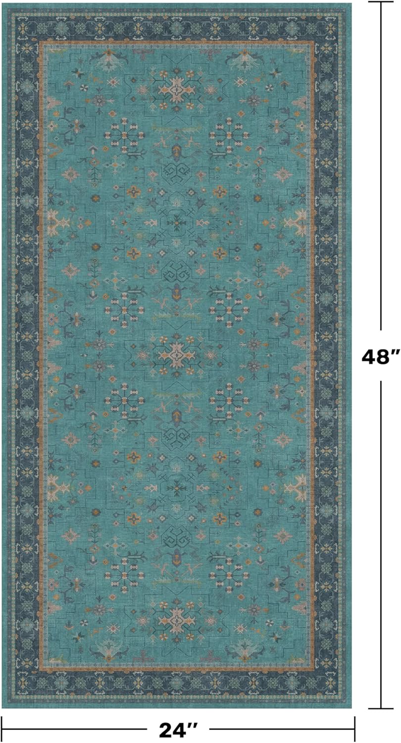 Teal Throw Rugs by 2x4 - Washable Non-Slip Kitchen Rug | Boho Floral Indoor Carpet for Entryway & Bathroom