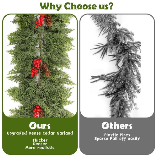 9FT Prelit Christmas Garland, Realistic Green Pine Garland with Lights Battery Operated for Mantle Stairs Railing Fireplace Table Indoor Xmas Decor