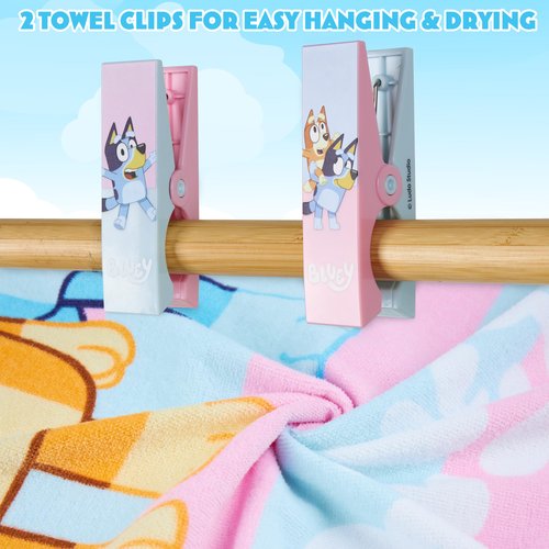 Bluey Beach Towel with 2 Clips Kids Toddlers Quick Dry Towel for Pool Beach Bath Swimming Trips Travel Essentials 55x27”