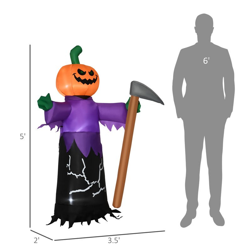 Purple Inflatable Halloween Pumpkin Grim Reaper Outdoor LED Yard Display