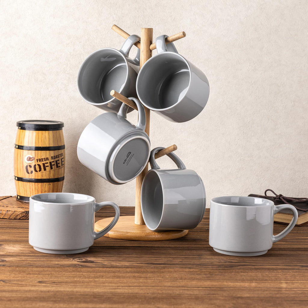 GBHOME 14 OZ Coffee Mugs Set of 6, Stackable Ceramic Mugs for Men, Women, Modern Coffee Mugs With Stable Base for Latte, Tea, Cappuccino. Dishwasher & Microwave Safe, Matte Gray