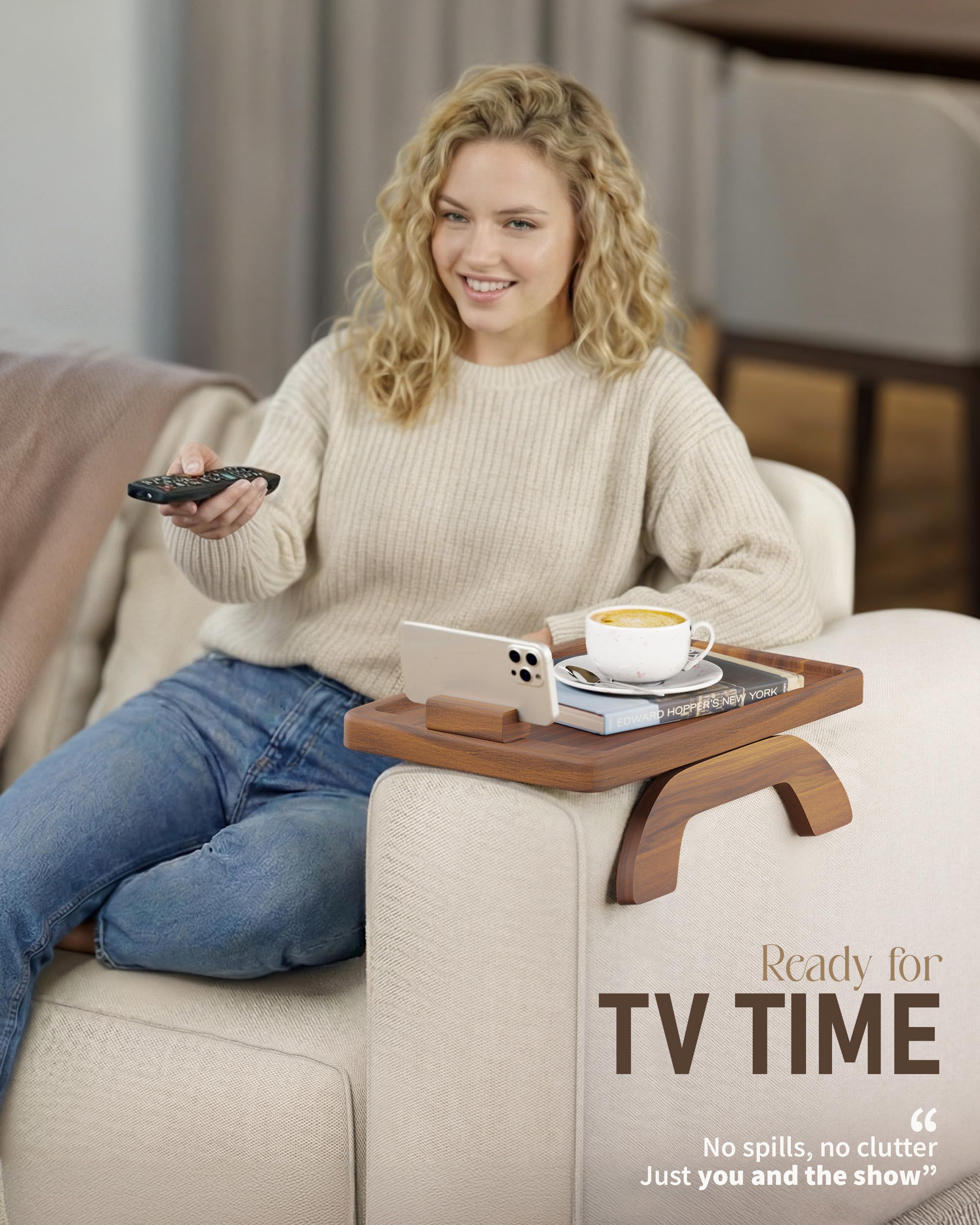 BLUEWEST Sofa Armrest Tray,15.4''x9.8'' Acacia Wood Couch Arm Clip on Tray Table with 360° Rotating Phone Holder Fits Most Couch Arm Sizes–Non-Slip, Arm Table for TV Dinners, Remote, Drinks & Snacks