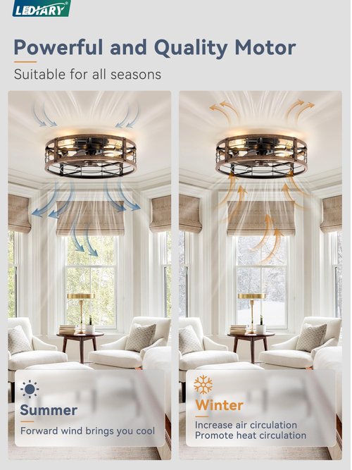 LEDIARY 20" Caged Ceiling Fan with Light and Remote, Low Profile Flush Mount Fandelier, Black Gold Bladeless Enclosed Small Fan Lights Ceiling Fixtures, Rustic Farmhouse Style for Bedroom, Outdoor