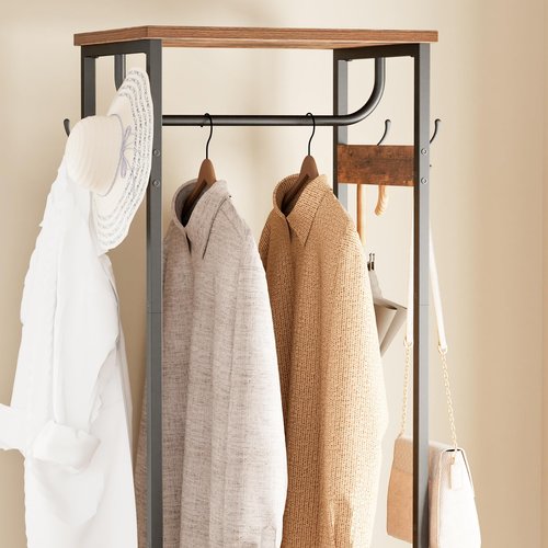 Cerlyunzan Coat Rack With Hanging Rod, Garment Rack With 3 Wooden Shelves and 4 Hooks, Freestanding Hall Tree, Industrial Clothes Rack Stand Organizer, Rustic Brown and Black