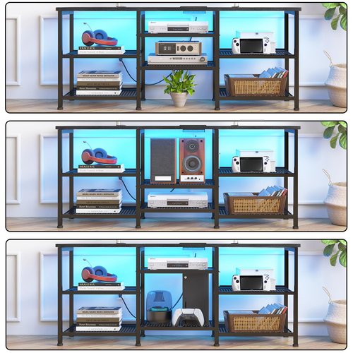 YGEOMER TV Stand for TVs Up to 55 Inches, Entertainment Center with Power Outlet and LED Lights Open Storage Shelves, TV Media Console Table for Living Room and Bedroom, Black