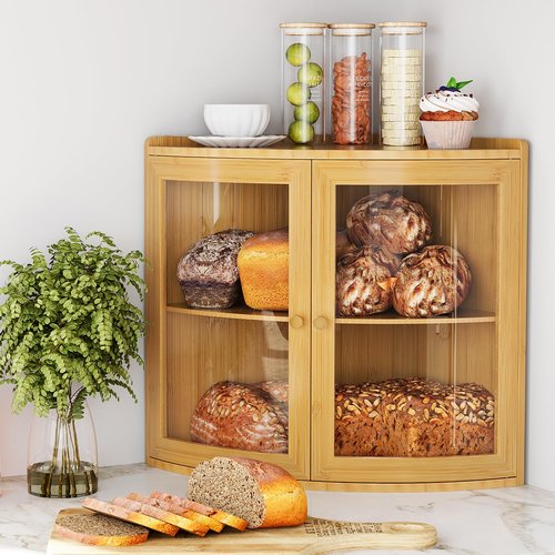 Trironsun Bamboo Corner Bread Box for Kitchen Counter with Acrylic Transparent Door Large Capacity Bread Holder Double Layer Bread Storage Container for Homemade Bread (Natural Bamboo)