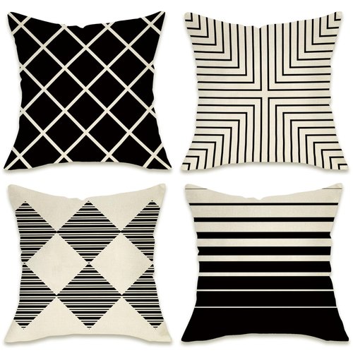 Fahrendom Modern Geometric Decorative Throw Pillow Covers 18 x 18 Set of 4, Black White Striped Porch Patio Outdoor Pillowcase, Abstract Minimalist Farmhouse Sofa Couch Cushion Case Home Decor