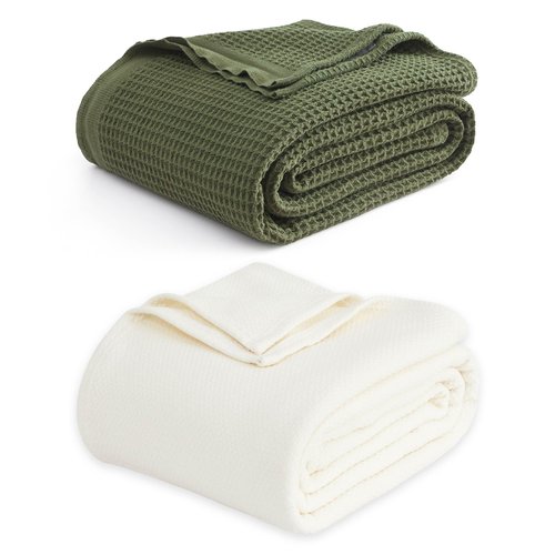 Bedsure Bundle of 1 Cotton Herringbone Weave Blanket Queen & 1 Cotton Waffle Weave Blanket Queen