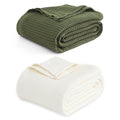 Bedsure Bundle of 1 Cotton Herringbone Weave Blanket Queen & 1 Cotton Waffle Weave Blanket Queen