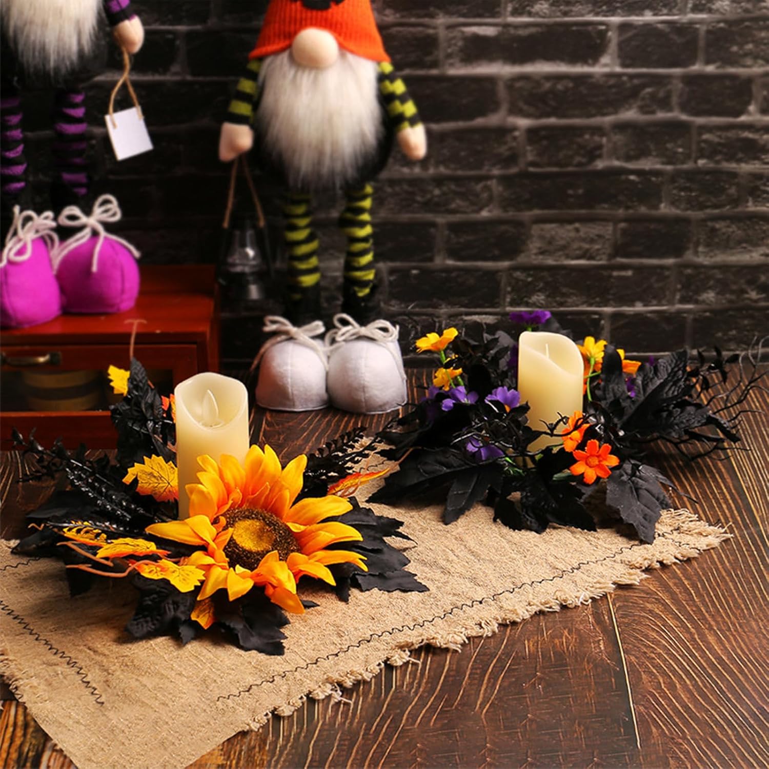 Skiennix Halloween Candle Rings - Artificial Leaves Wreaths for Festive Home Decor | 2 Pack Rose Skull Black