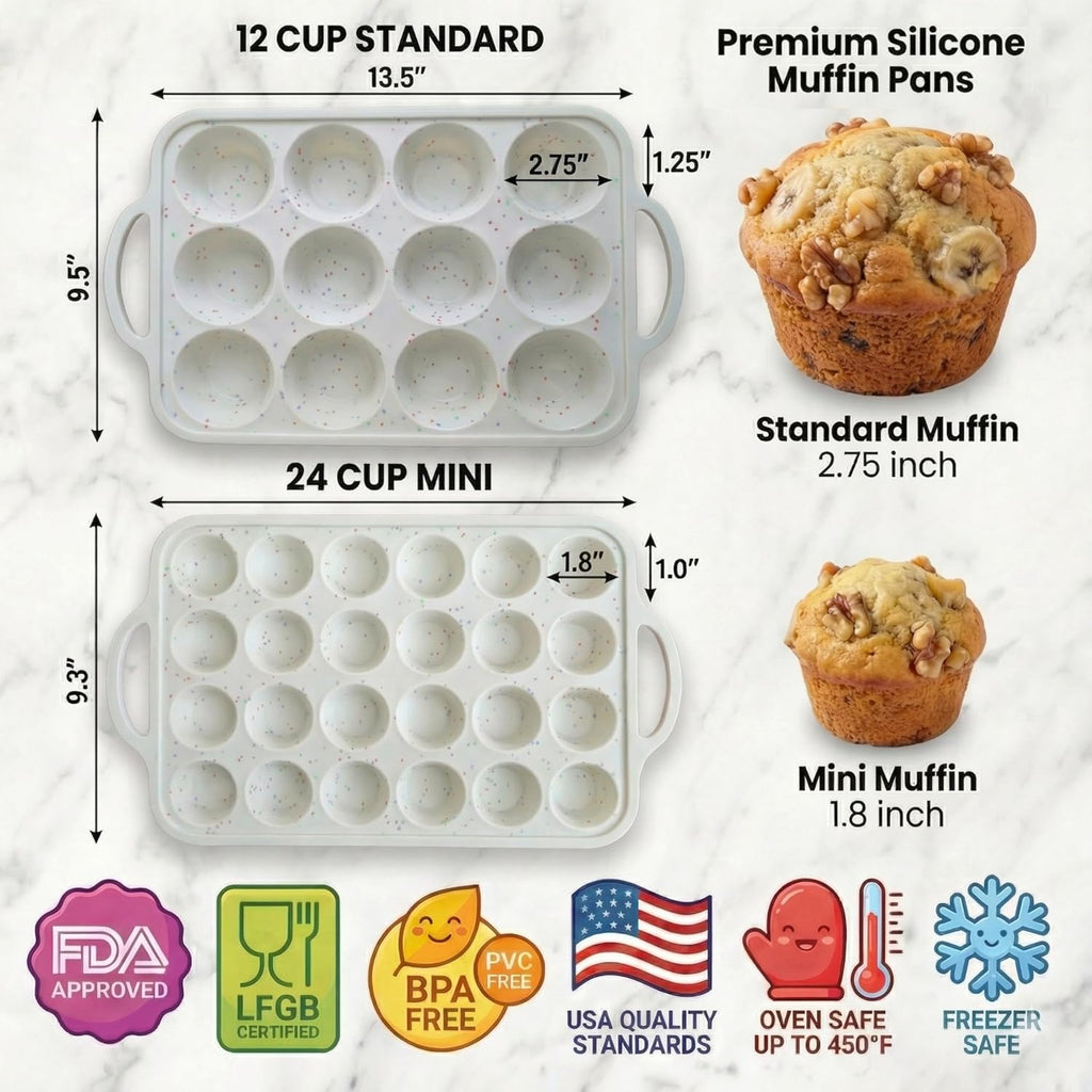 Skiennix Silicone Muffin Pan Set - 2-Pack Regular 12-Cup & Mini 24-Cup | Nonstick, BPA-Free, Dishwasher-Safe, Cream