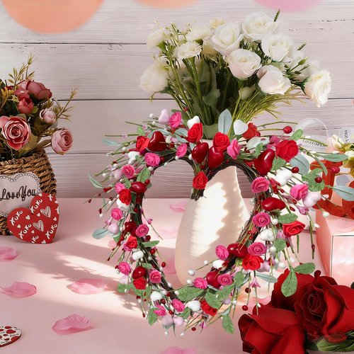 Valentines Day Wreaths for Front Door 17.7 Inch Heart Wreath with Roses Hearts Berries Handmade Grapevine Pink Wreath for Door Wall Home Wedding Party Gift Valentines Decorations