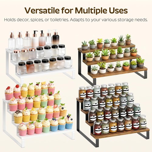 YATINEY Spice Rack, 4 Tier Wooden Display Riser Stand, Kitchen Storage Organizer for Spices, Versatile Display Shelf, Space Saving, for Kitchen Countertop and Cabinet, Rustic Brown SR04L2BR