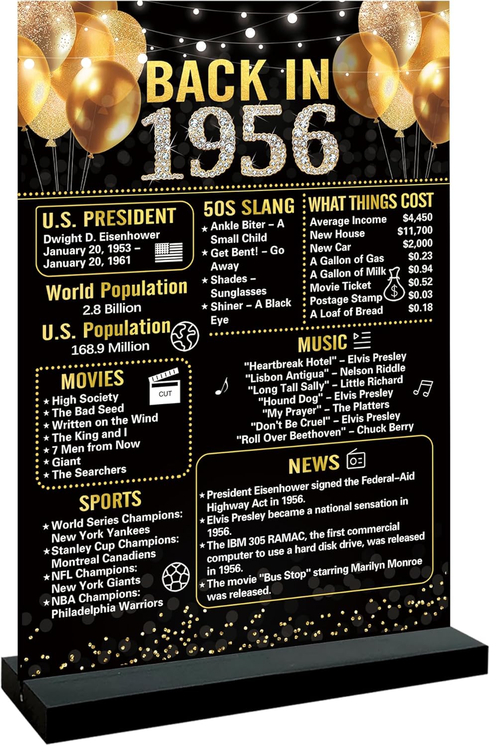 Trgowaul 70th Birthday Decorations - Vintage 1956 Acrylic Table Sign with Stand | Black Gold Theme